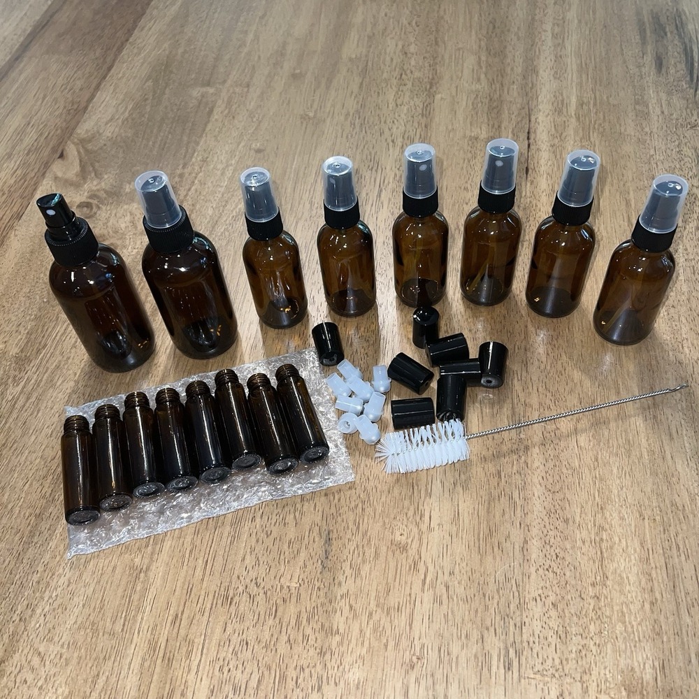 Amber Color Glass Bottle Kit‎ ×16 - 4oz spray, 2oz spray, 10ml Roller Bottles